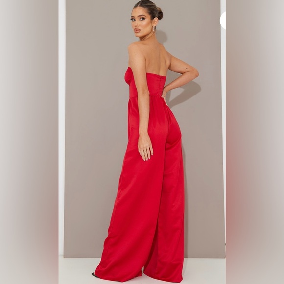 PLT Size 4 Red Satin Bandeau Cup Detail Wide Leg Jumpsuit - Picture 3 of 4